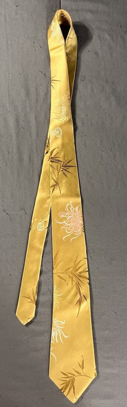 Vintage Shanghai No. 5 Silk Mill Gold Woven Silk Tie Bamboo Floral Design 53" L